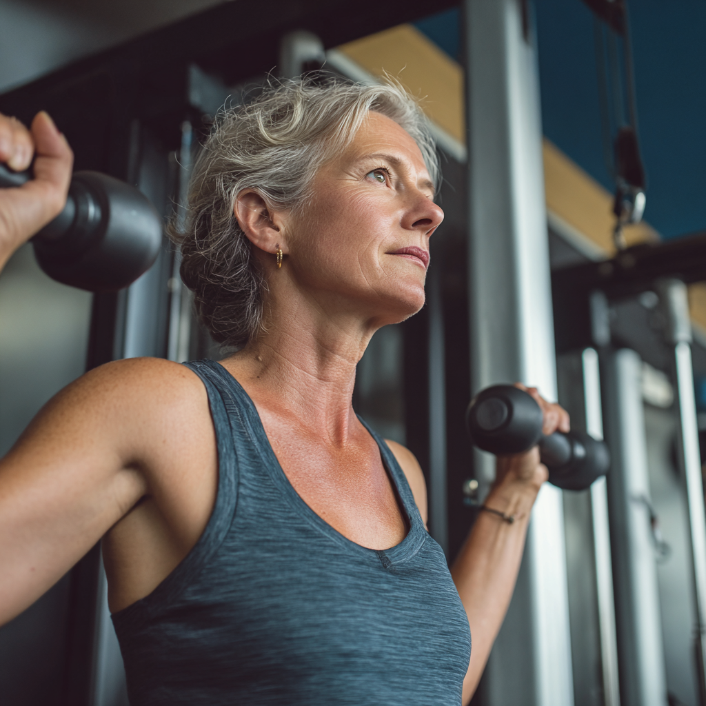 Активна жінка 55 років виконує силові вправи в сучасному фітнес-залі