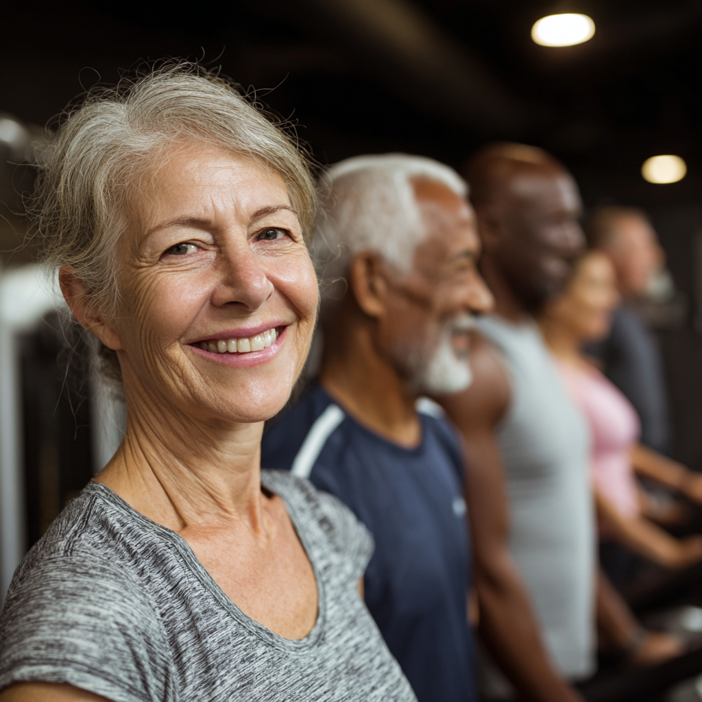 Дружня атмосфера в фітнес-залі з групою людей віком 50-60 років під час тренування