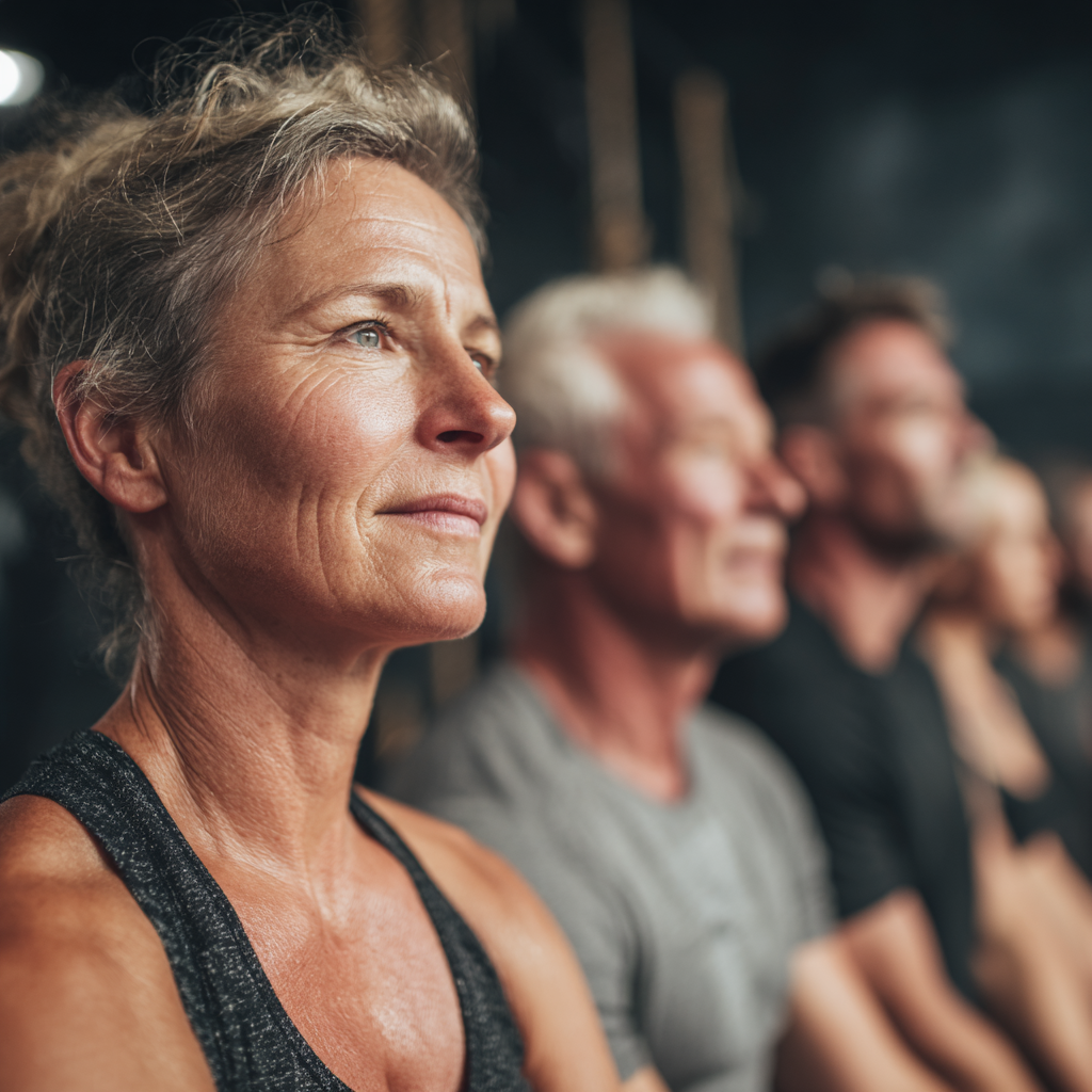 Група активних людей віком 50-60 років на груповому кросфіт тренуванні в спортивному залі