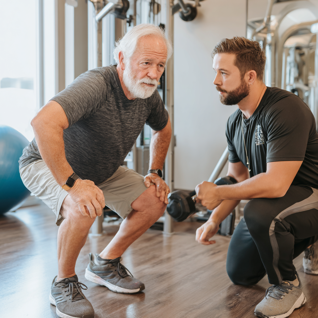 Персональний тренер працює з чоловіком 58 років під час індивідуального силового тренування